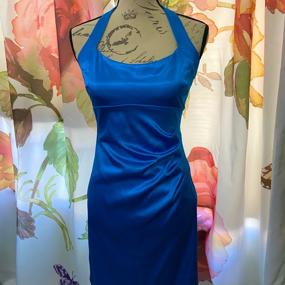 Blue short silky dress; holster top